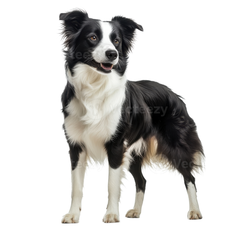 a black and white dog standing on a white background
