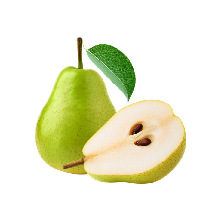 two green pears with one cut in half