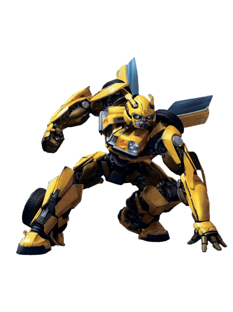 a yellow and black robot standing on a white background
