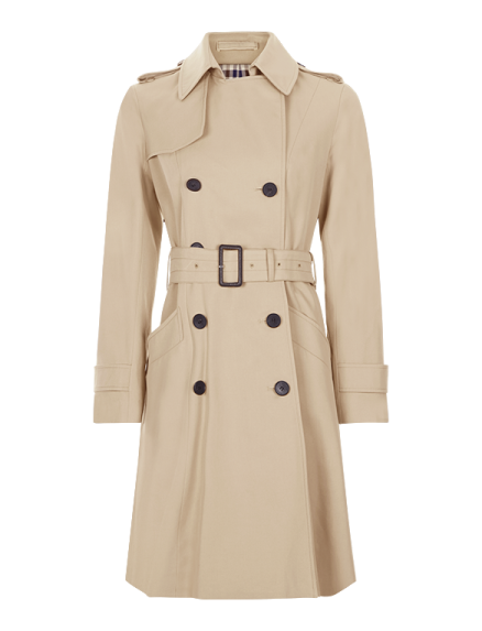 a beige trench coat with black buttons