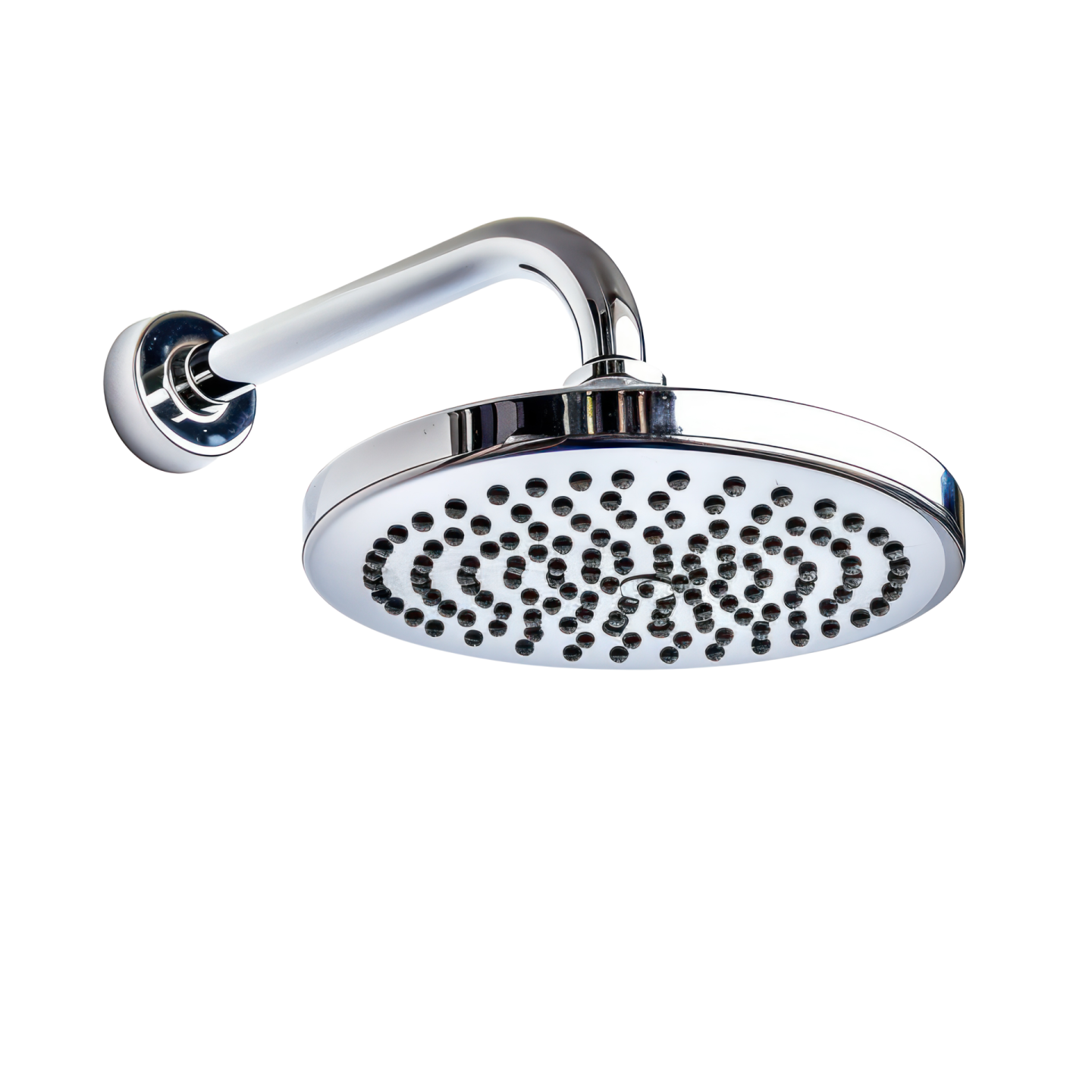 an image of a shower head with chrome finish
