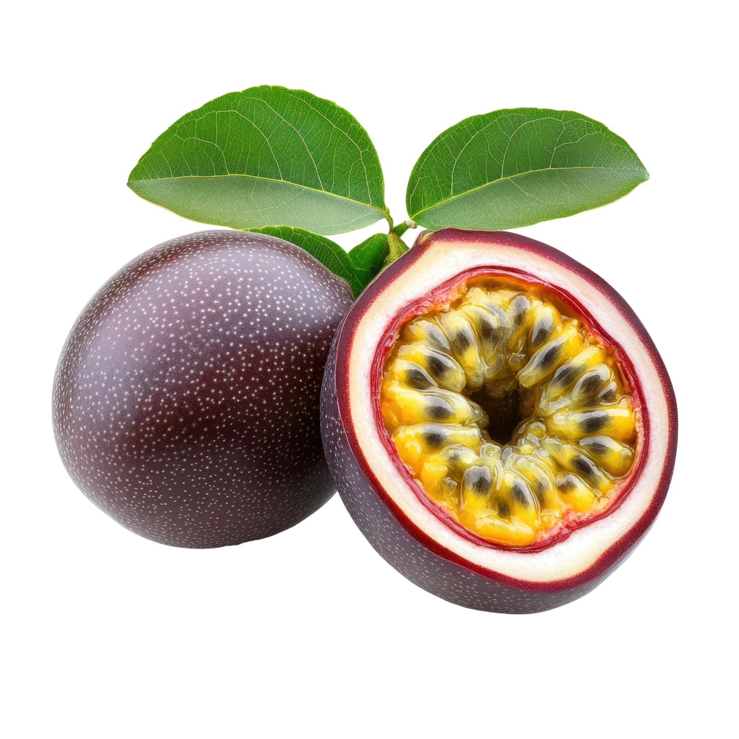 a passion fruit cut in half on a white background