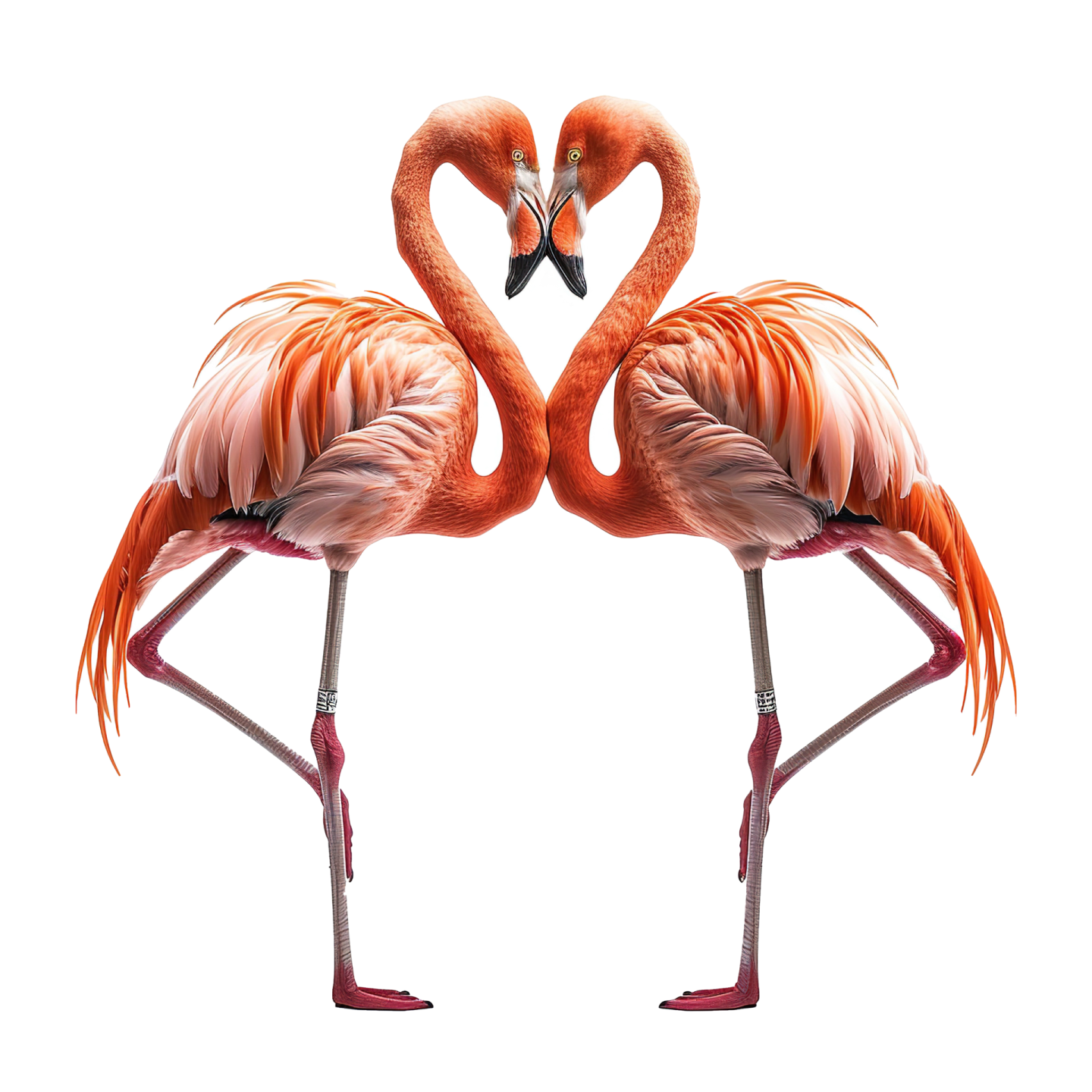 two flamingos standing in the shape of a heart