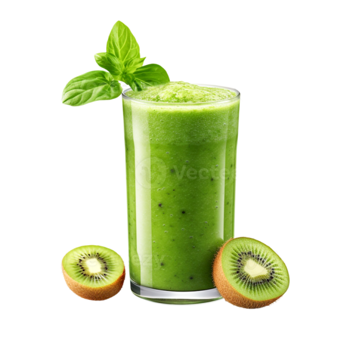 a glass filled with green smoothie next to sliced kiwia