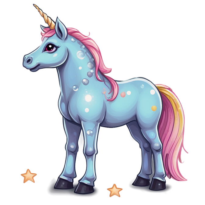 a cartoon unicorn with pink hair and blue eyes