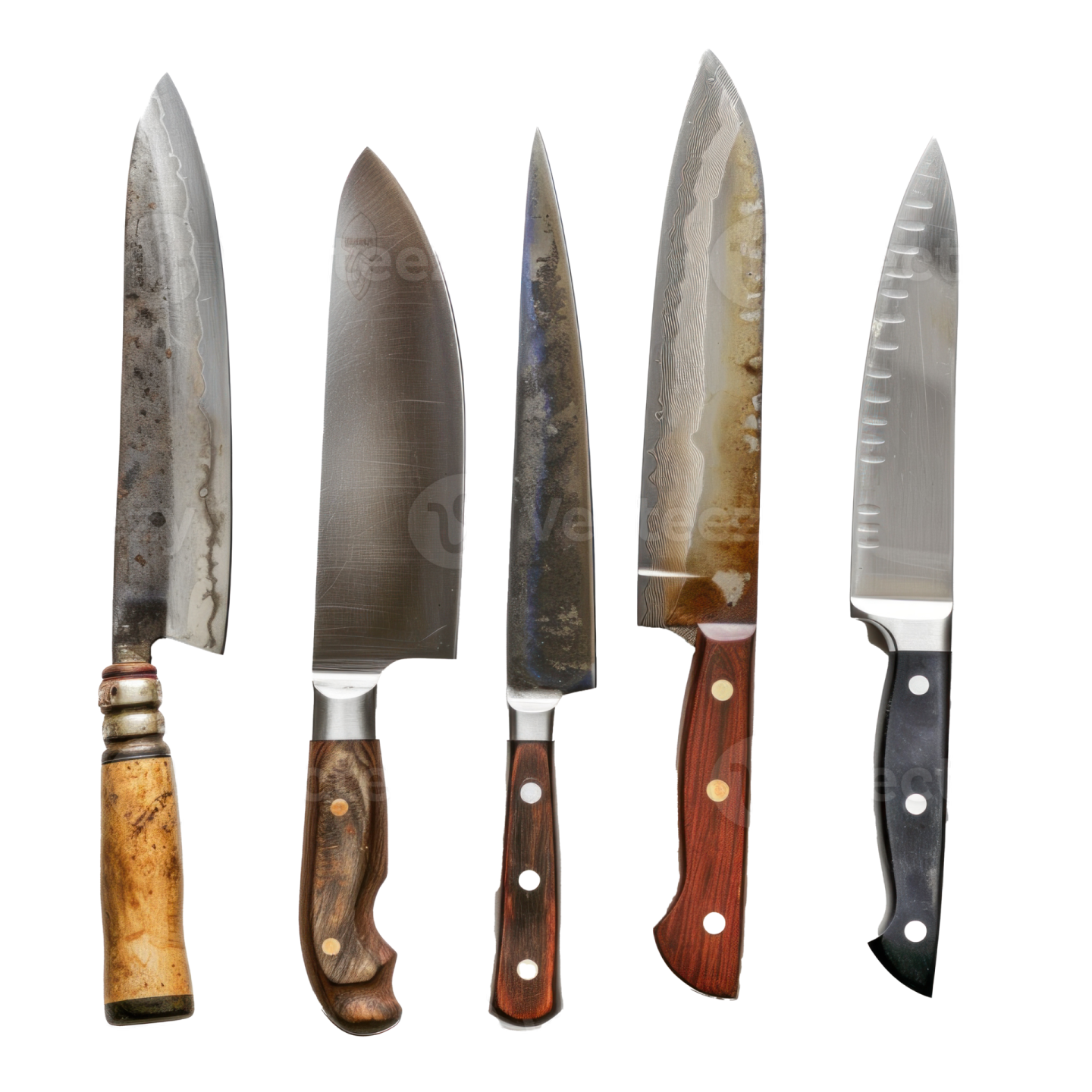 five different types of knives on a white background