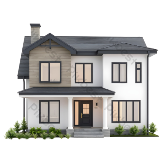 a two story house with black roof and white walls