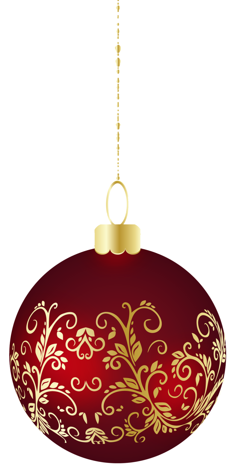 a red christmas ball with gold ornaments on it