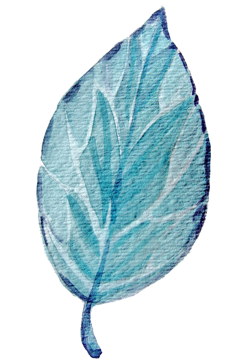 a watercolor painting of a blue leaf