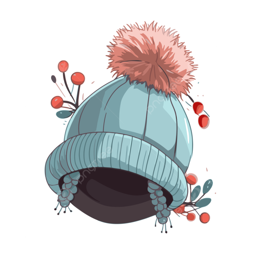 a blue beanie hat with red berries on it