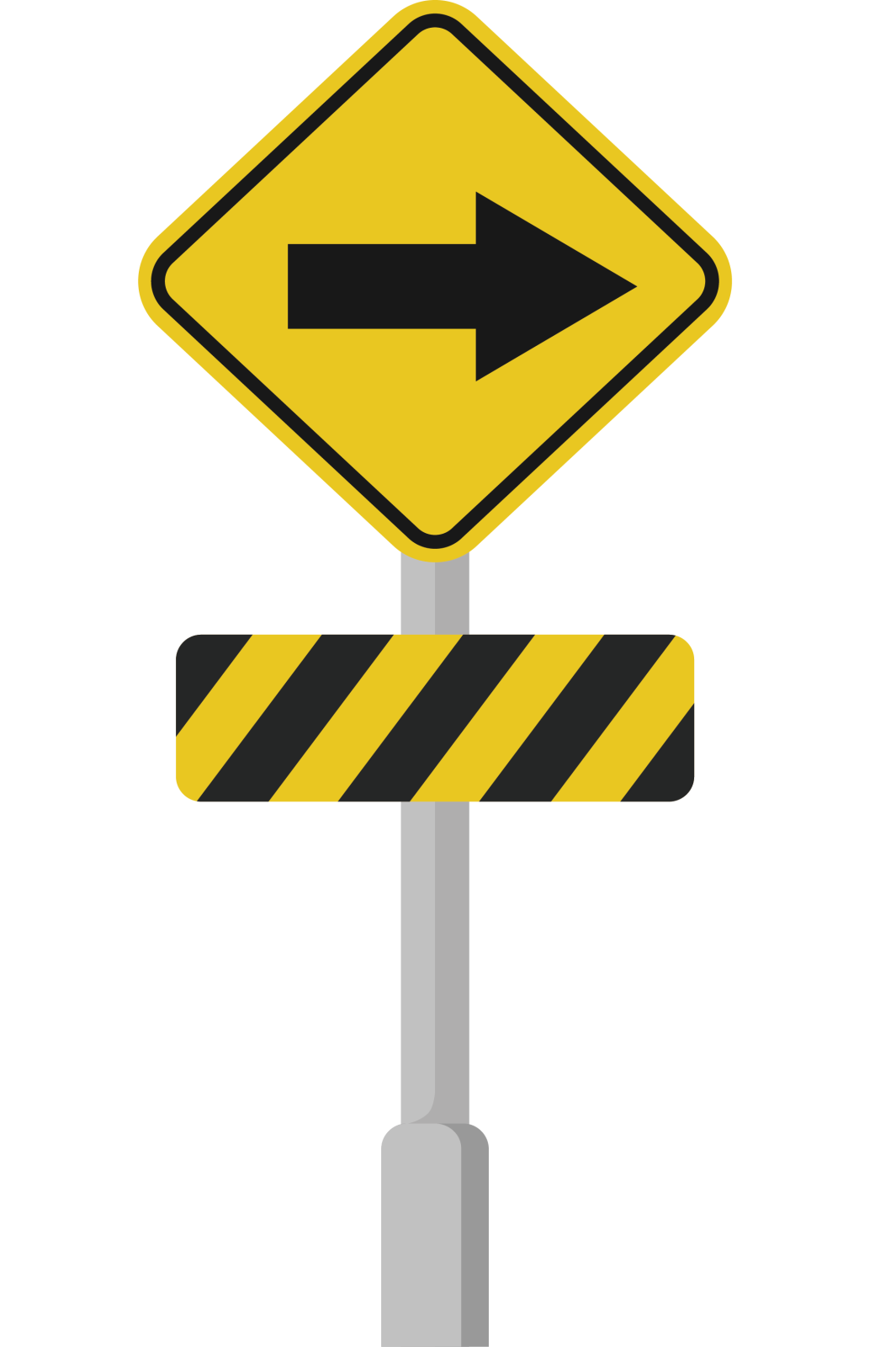 a yellow and black road sign with an arrow