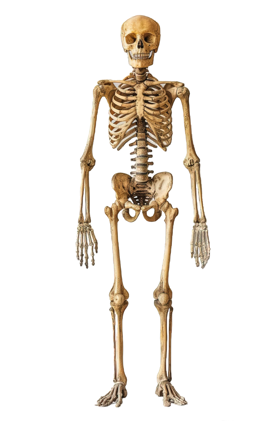 a human skeleton on a white background