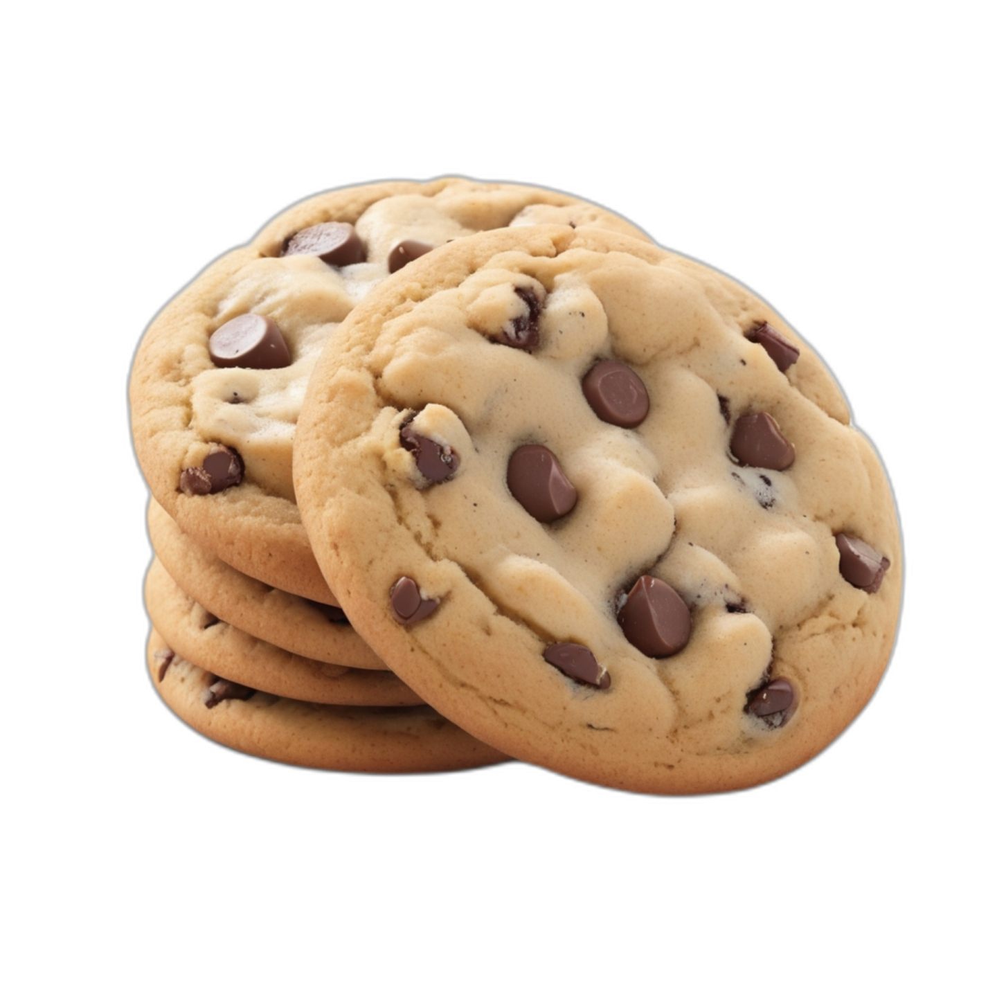 three chocolate chip cookies on a white background