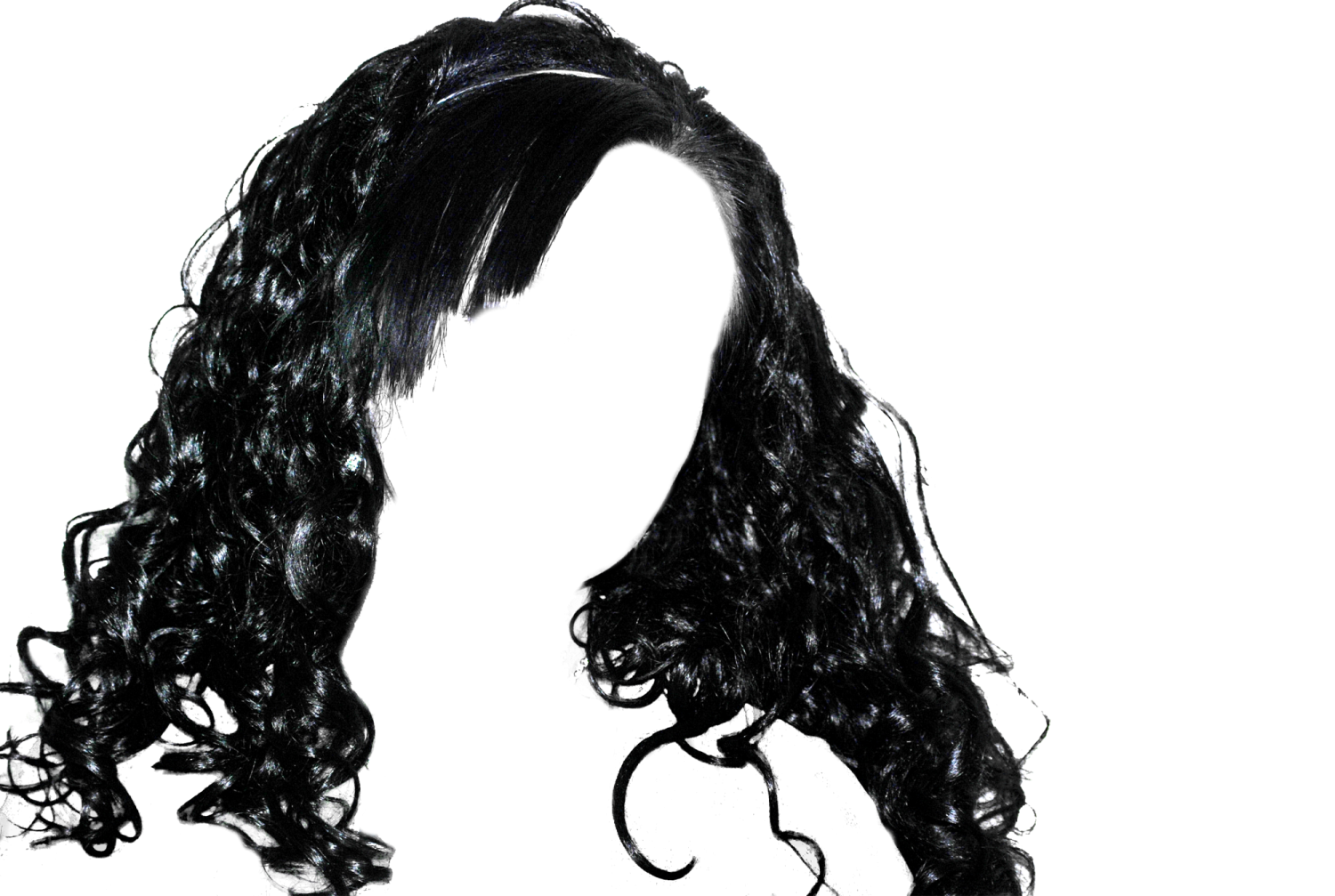 a woman with long black hair wearing a wig