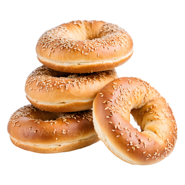 a pile of bagels on a white background