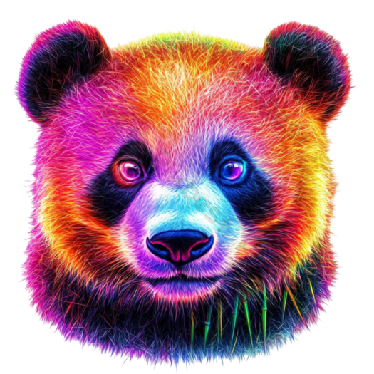 a colorful panda bear face with blue eyes