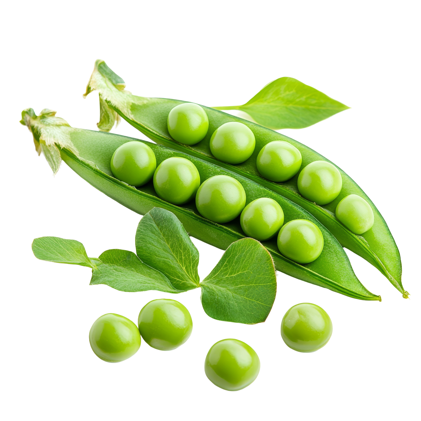 green peas with leaves on white background