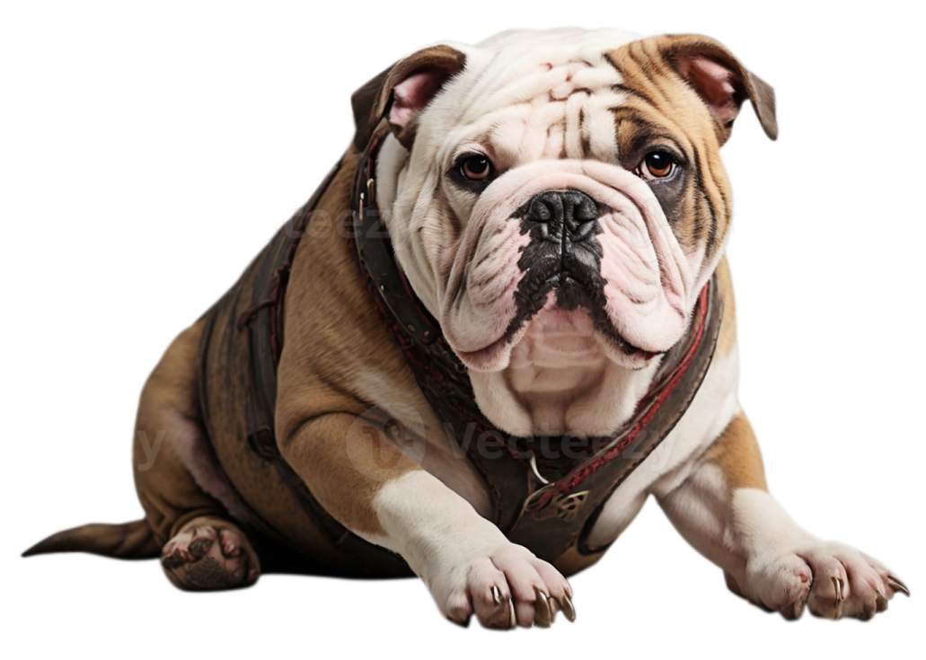 a brown and white dog laying down on the ground
