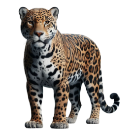 a large leopard standing in front of a white background