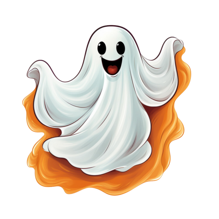 a cartoon ghost with an orange and white background