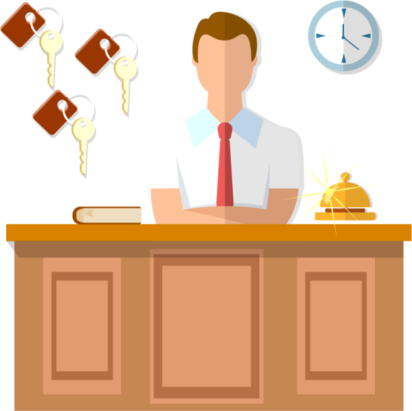 a man sitting at a desk in front of a clock