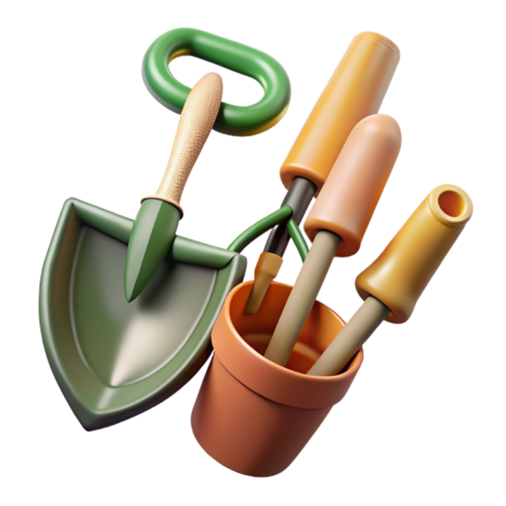 a set of gardening tools in different colors
