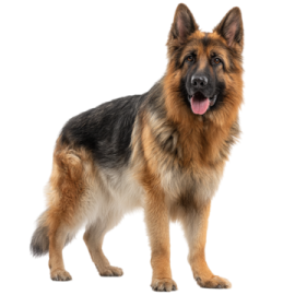 a german shepherd dog standing in front of a white background