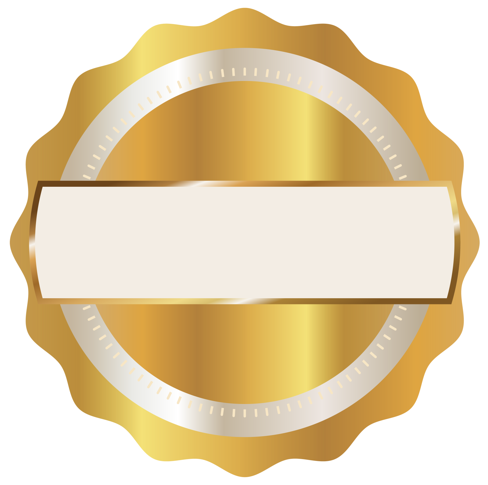 a gold seal with a white label on it