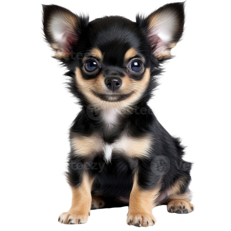 a small black and tan chihuahua puppy sitting down