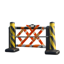 an orange and black barr gate with a white background
