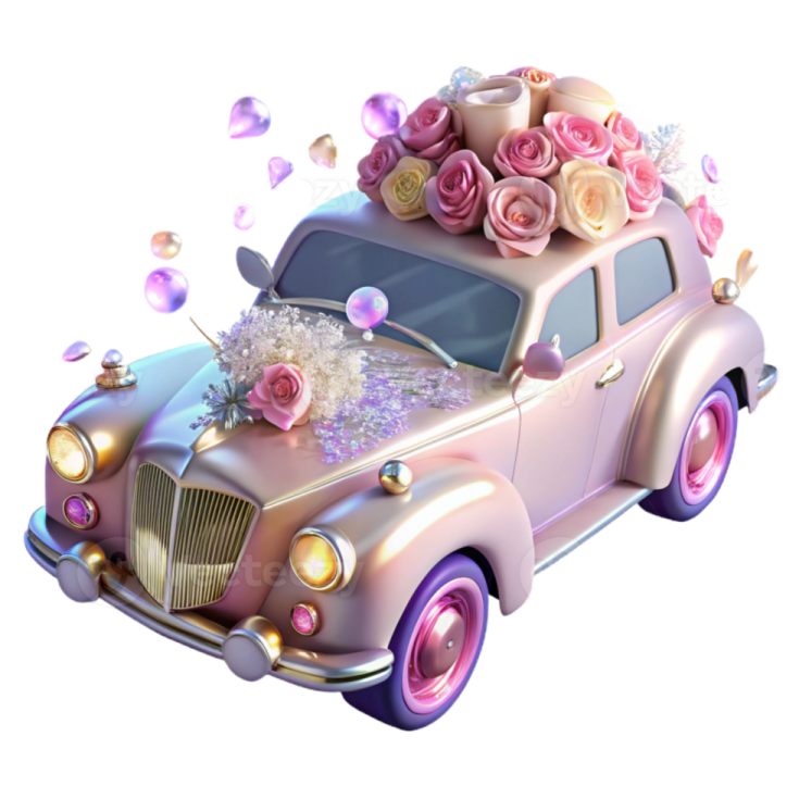 a pink car with roses and petals on the hood