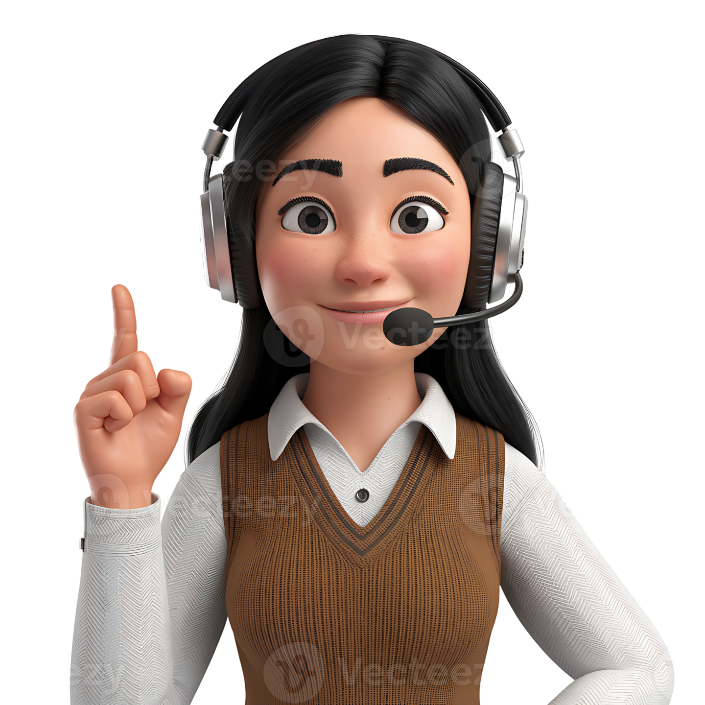 a woman wearing headphones and pointing at the camera