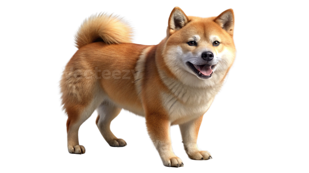 a brown and white dog standing on a white background