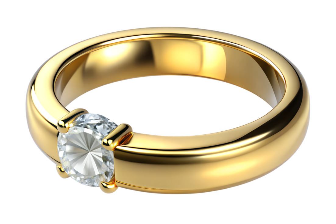 a gold wedding ring with a diamond