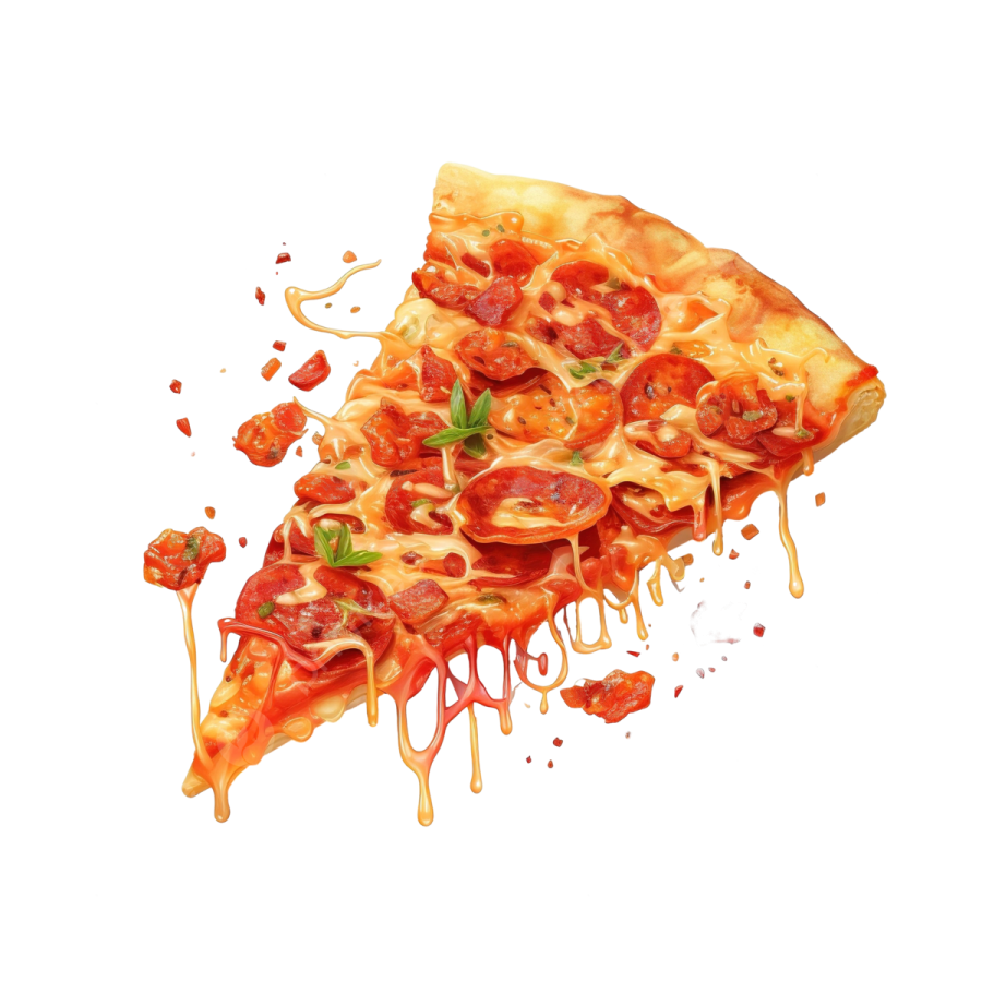 a slice of pizza with melted cheese and tomato sauce