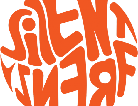an orange and white logo with the words