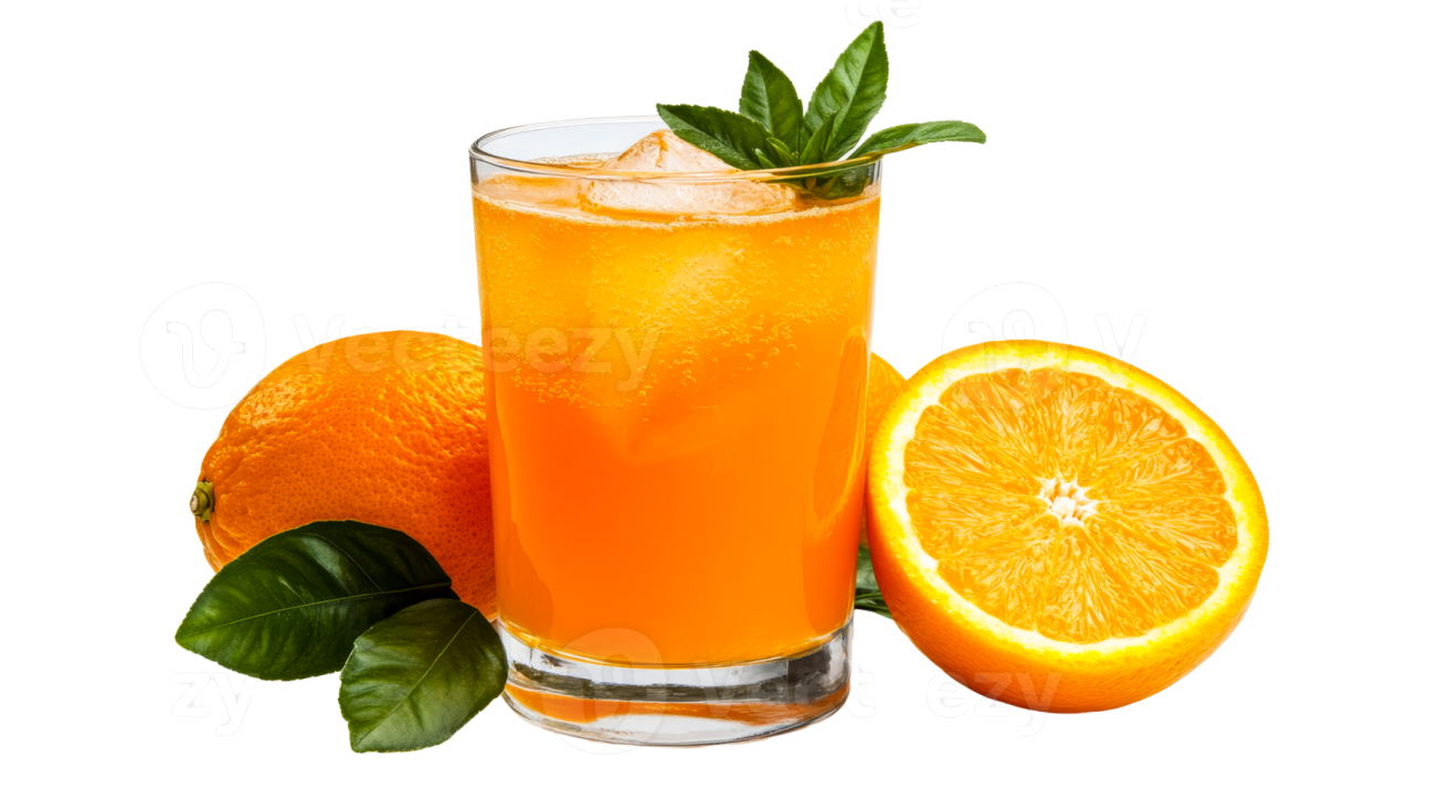 a glass of orange juice next to an orange slice