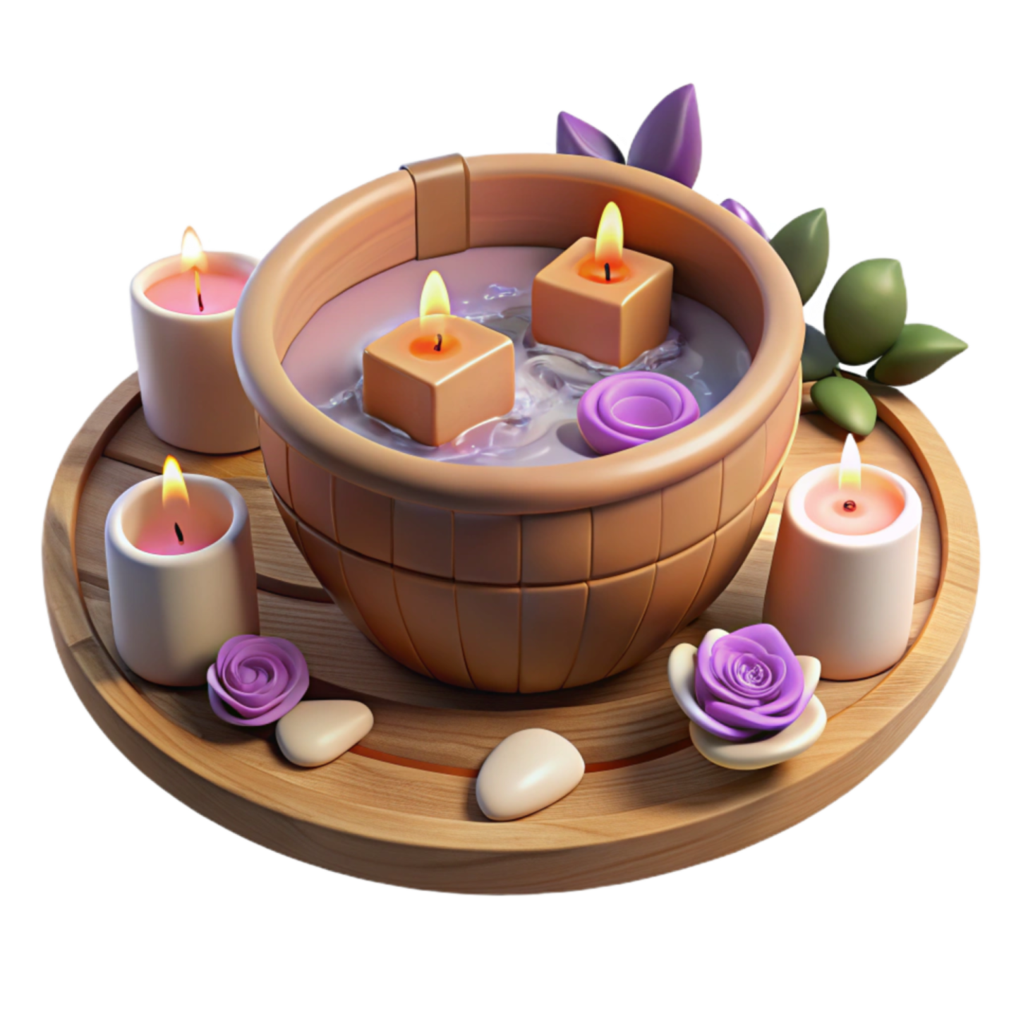 a wooden bowl filled with candles and flowers
