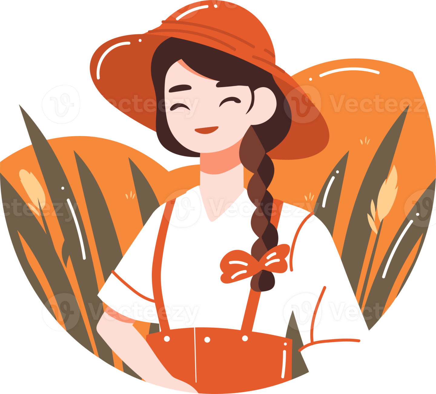 a woman wearing an orange hat and overalls
