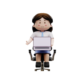 a woman sitting in an office chair holding a laptop