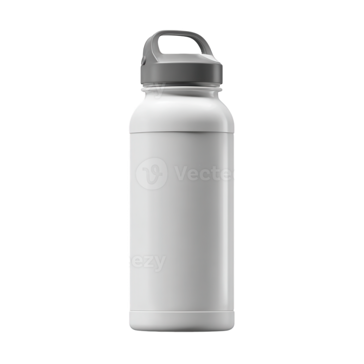 a white water bottle with a black lid
