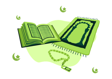 an open quran and rosary on a white background