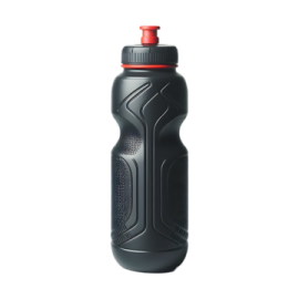 a black water bottle with a red cap