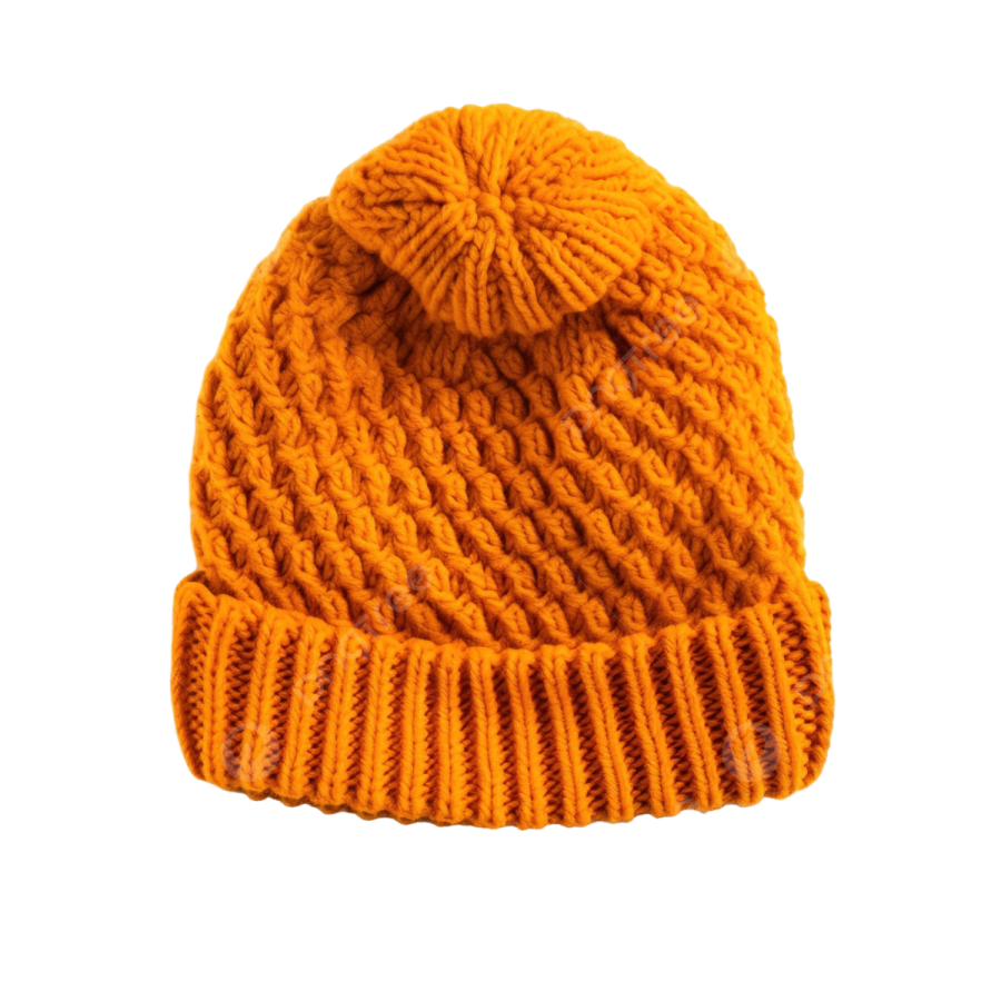 an orange knitted hat with a pom on top