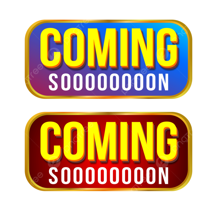 a set of two colorful buttons with the words coming soon