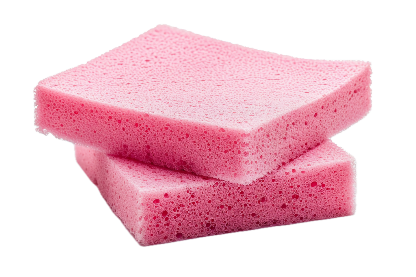 three pink sponges on white background