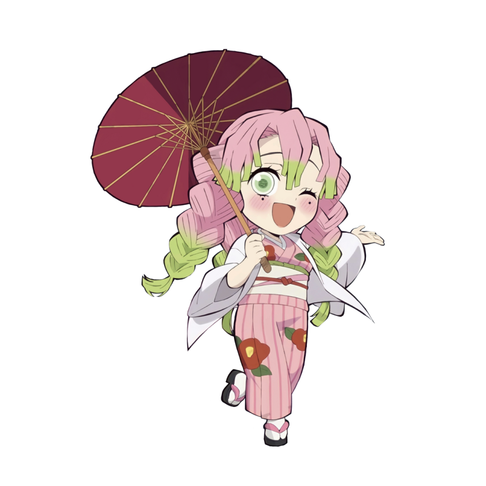 an anime character with pink hair and green eyes holding an umbrella