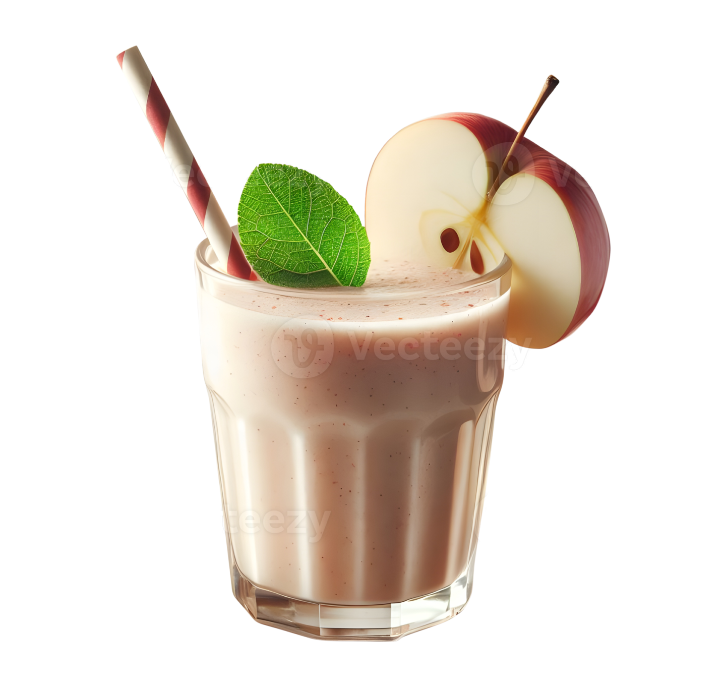 a glass filled with a drink and an apple