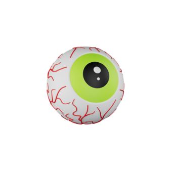 a white ball with green eyes on it