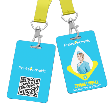 a pair of blue and yellow luggage tags with a qr code